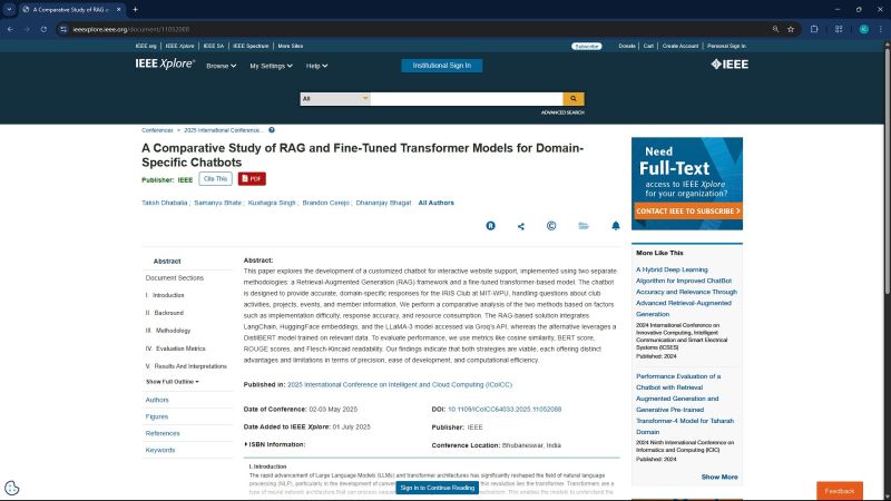 Domain-Specific Conversational AI for IRIS MITWPU: From Research Paper to Production